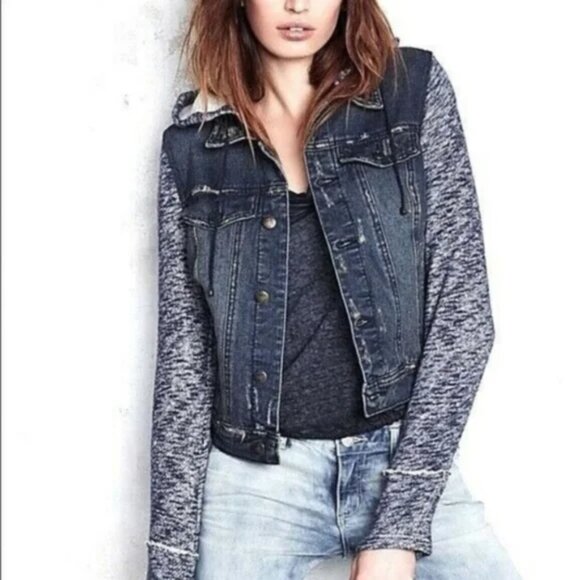 Free People Distressed Denim Jacket with Knit Hood and Sleeves size Large - Picture 1 of 6